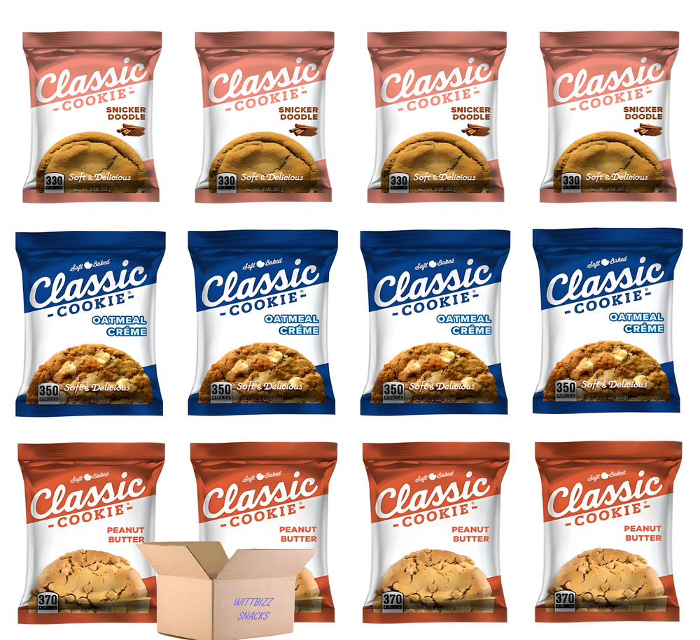 WittBizz Classic Cookie Bundle, Snickerdoodle, Oatmeal Creme, & Peanut Butter 2oz (12 Pack)
